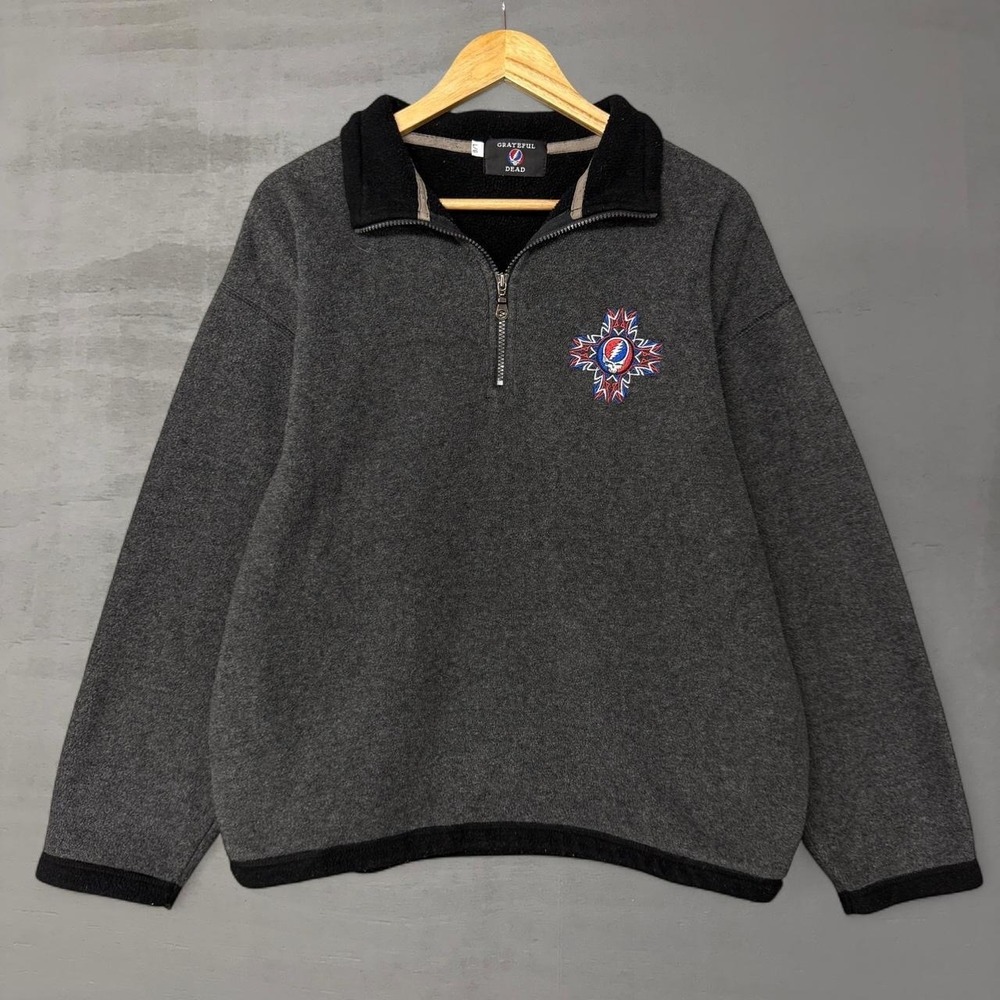 Grateful Dead Charcoal Gray Half-Zip Sweater with Embroidered Steal Your Face